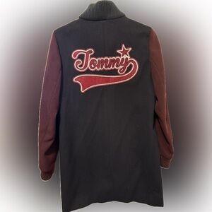 Tommy Hilfiger Black Coat with Burgundy Sleeves and Script Logo